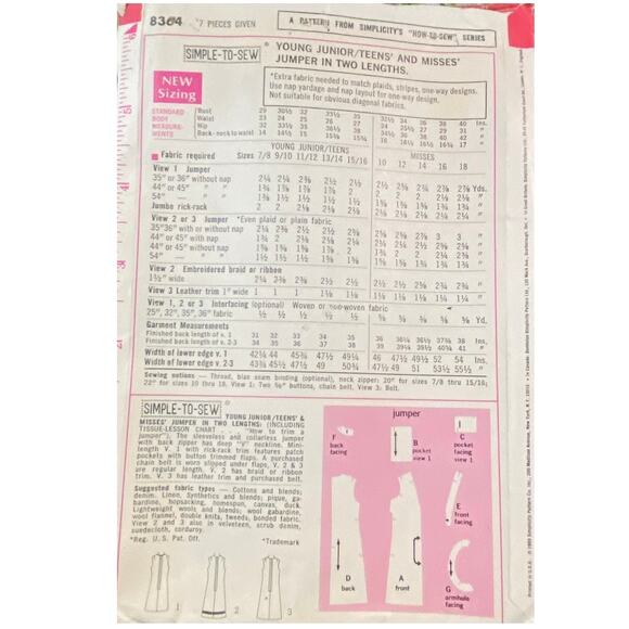 Vtg Simplicity 8364 Jumper Pattern 11-12 Girl 1969 Teen Junior Pocket Button - Picture 5 of 6